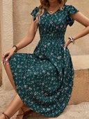 Kadın Kısa Kollu V Yakalı Beli Lastikli çiçek Desenli Süprem Elbise thumbnail 3