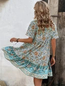 Kadın Kısa Kollu Yakası Bağcıklı önden Düğmeli Fırfır Desenli Süprem Elbise thumbnail 2