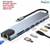 PrimeX PX-U520 4K30Hz Gri Metal Type-C to 4K HDMI+USB 3.0+RJ45+SD Kart+PD şarj Çevirici Adaptör - 2