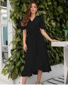 Kadın Kruvaze Yaka Midi Boy Kuşaklı Krep Elbise 120 Cm thumbnail 6