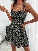 Kadın Ip Askılı Omuzlardan Bağcıklı çiçek Desenli Süprem Elbise thumbnail 2