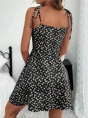 Kadın Ip Askılı Omuzlardan Bağcıklı çiçek Desenli Süprem Elbise thumbnail 3