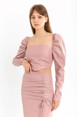 Deri Kumaş Straplez Kalp Yaka Fermuar Detaylı Kadın Crop-Pudra thumbnail 1