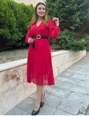 Kadın şifon Kumaş Astalı Kloş Kesim Kruvaze Yaka Midi Boy Elbise thumbnail 2