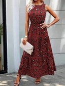 Kadın Kolsuz Bisiklet Yaka Beli Lastikli Desenli Süprem Elbise thumbnail 1