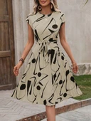 Kadın Kısa Yarasa Kollu Yuvarlak Yaka Beli Büzgülü Süprem Elbise thumbnail 5