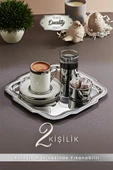2 Kişilik Tepsili Gümüş Porselen Fincan Seti Damat Kahvesi-Söz Nişan Türk Kahvesi Kahve Fincanı - 1