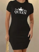 Kadın Kısa Kollu Queen Baskı Iki Iplik Mini Elbise thumbnail 11