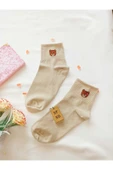 2 ÇİFT DİKİŞSİZ PAMUK ÇORABI SOKET YUMUŞAK KADIN KREM EKRU AYI ÇORAP HEDİYE 36-40 - 2