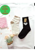 2 ÇİFT DİKİŞSİZ SOKET ÇORABI YUMUŞAK KADIN KREM(PAMUK) SİYAH(BAMBU SİMLİ KALPLİ)ÇORAP 36-40 - 1