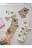 2 ÇİFT DİKİŞSİZ PAMUK ÇORABI SOKET YUMUŞAK KADIN KREM EKRU AYI ÇORAP HEDİYE 36-40 - 5