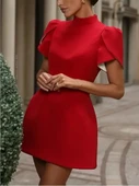 Kadın Kısa Kollu Balıkçı Yaka Arkadan Kelebek Dekolte Detaylı Kısa Atlas Elbise thumbnail 4