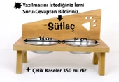 Kedi Köpek Mama ve Su Kabı - Özel İsim Baskılı - Pençe Modeli - Sabit Ayak - Meşe MDF - Çelik Kase - 2*350ml - 1