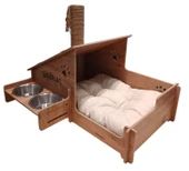 Kedi Evi - Özel İsim Baskılı - Tırmalama Çubuklu - Meşe MDF - Çelik Kase - 2*350ml - 2