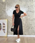 Kadın Kısa Kollu V Yaka Maxi Boy Elbise 124 Cm thumbnail 11