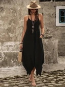 Kadın Askılı V Yakalı Cep Detaylı Asimetrik Kesim Detaylı Viskon Elbise thumbnail 4