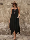 Kadın Askılı V Yakalı Cep Detaylı Asimetrik Kesim Detaylı Viskon Elbise thumbnail 2