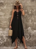 Kadın Askılı V Yakalı Cep Detaylı Asimetrik Kesim Detaylı Viskon Elbise thumbnail 5