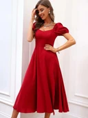 Kadın Kısa Kollu Kare Yakalı Yırtmaçlı Midi Janjan Krep Elbise thumbnail 5