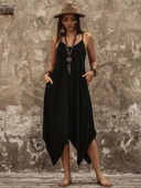 Kadın Askılı V Yakalı Cep Detaylı Asimetrik Kesim Detaylı Viskon Elbise thumbnail 1