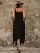 Kadın Askılı V Yakalı Cep Detaylı Asimetrik Kesim Detaylı Viskon Elbise thumbnail 3