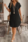 Kadın Kısa Kollu önden Düğmeli Ithal Keten Elbise thumbnail 2