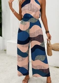 Kadın Omuzlardan Açık Boyundan Geçmeli Beli Lastikli Desenli Dalgıç Tulum thumbnail 2