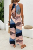Kadın Omuzlardan Açık Boyundan Geçmeli Beli Lastikli Desenli Dalgıç Tulum thumbnail 4
