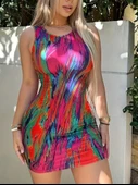 Kadın Kalın Askılı çok Renkli Dalgıç Mini Elbise thumbnail 3