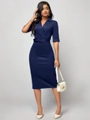 Kadın Kısa Kollu Yakalı Kruvaze Yakalı Beli Kemerli Midi Modal Elbise thumbnail 3