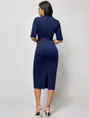 Kadın Kısa Kollu Yakalı Kruvaze Yakalı Beli Kemerli Midi Modal Elbise thumbnail 4