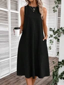 Kadın Kolsuz Bisiklet Yaka Cepli Midi Keten Elbise thumbnail 4