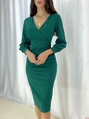 Kadın Kruvaze Yaka Balon Kol Midi Boy Elbise thumbnail 4