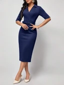 Kadın Kısa Kollu Yakalı Kruvaze Yakalı Beli Kemerli Midi Modal Elbise thumbnail 1