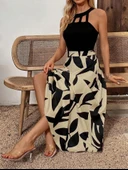 Kadın Sıfır Kollu Yakadan şeritli Omuzlardan Açık Janjan Krep Desenli Al Dalgıç Maxi Elbise thumbnail 1