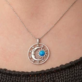 Gümüş Opal Mavi Taşlı Ay Güneş Kadın Kolye thumbnail 6