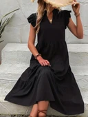 Kadın Kısa Kollu V Yakalı Geniş Kesim Uzun Trikoton Elbise thumbnail 1