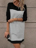 Kadın Bisiklet Yaka Uzun Kol çizgili Iki Iplik Kumaş Mini Boy Elbise thumbnail 2