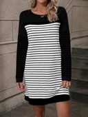 Kadın Bisiklet Yaka Uzun Kol çizgili Iki Iplik Kumaş Mini Boy Elbise thumbnail 4