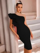 Kadın Tek Omuzu Açık Diğer Omuz Volan Detay Midi Ithal Krep Elbise thumbnail 6