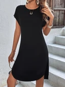 Kadın Kısa Kollu Bisiklet Yaka Viskon Iki Iplik Elbise thumbnail 1