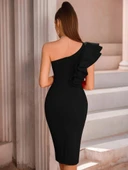 Kadın Tek Omuzu Açık Diğer Omuz Volan Detay Midi Ithal Krep Elbise thumbnail 5