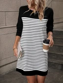 Kadın Bisiklet Yaka Uzun Kol çizgili Iki Iplik Kumaş Mini Boy Elbise thumbnail 1