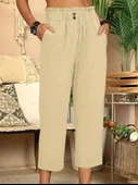 Kadın Bel Büzgü Ve Düğme Detay Kapri Keten Pantolon thumbnail 2