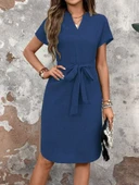 Kadın Kısa Kollu V Hakim Yaka Belden Kuşaklı Valencia Elbise thumbnail 1