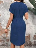 Kadın Kısa Kollu V Hakim Yaka Belden Kuşaklı Valencia Elbise thumbnail 3