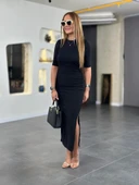 Kadın Kısa Kollu Bisiklet Yaka Yandan Yırtmaçlı Viskon Iki Iplik Elbise thumbnail 1