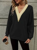 Kadın Uzun Kollu V Dantel Yaka şardonsuz üç Iplik Bluz thumbnail 3