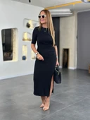 Kadın Kısa Kollu Bisiklet Yaka Yandan Yırtmaçlı Viskon Iki Iplik Elbise thumbnail 6