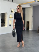 Kadın Kısa Kollu Bisiklet Yaka Yandan Yırtmaçlı Viskon Iki Iplik Elbise thumbnail 7